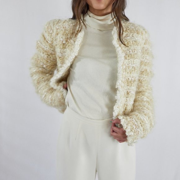 Vintage Estelle Gracer Creme Beige Woven Ecru Jacket Winter Fall Chic collarless - Picture 3 of 5